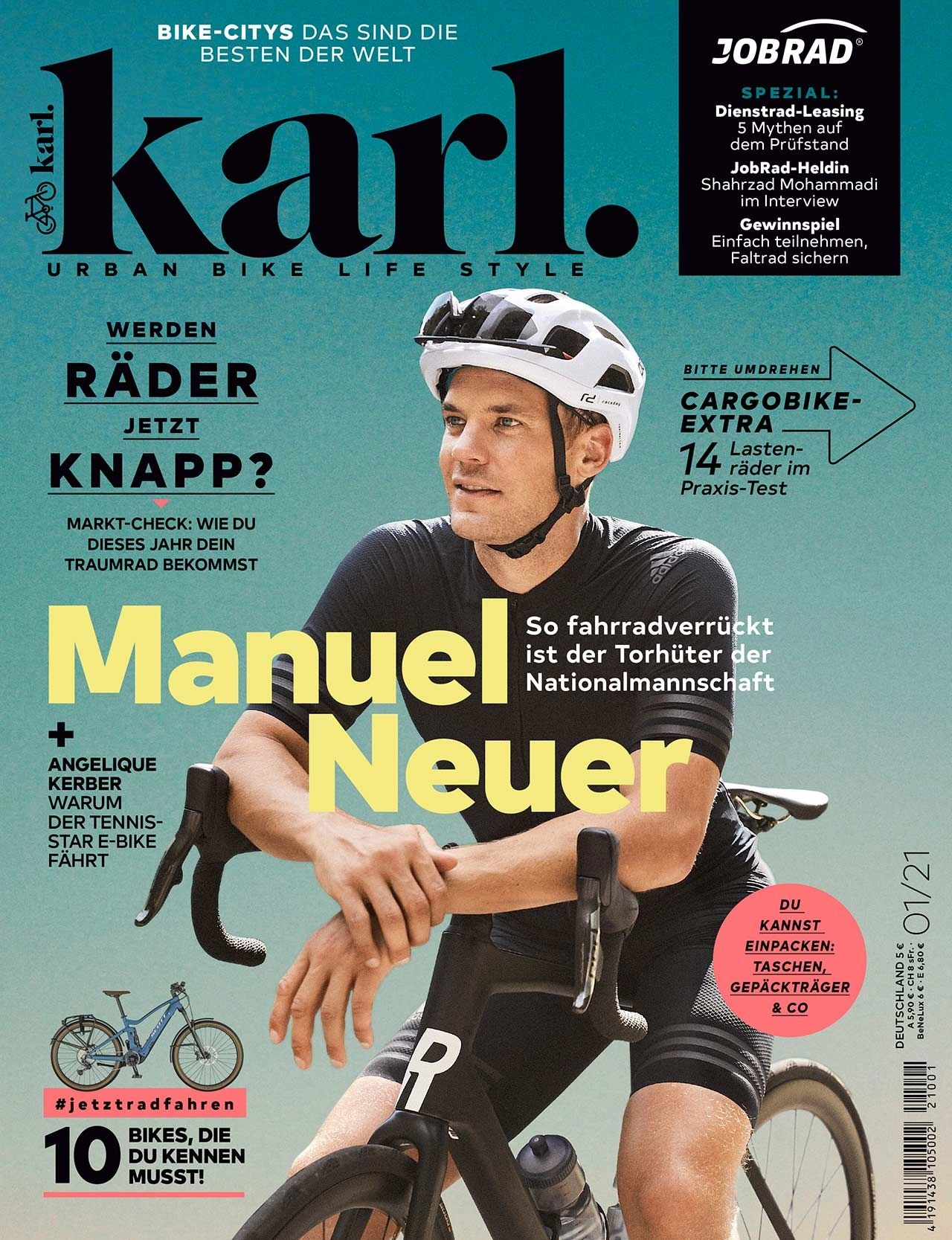 Das Cover des Fahrradmagazins KARL mit JobRad-Spezial! Darauf zu sehen ist Manuel Neuer und es der Schriftzug "So fahrradverrückt ist der Torhüter der Nationalmannschaft"